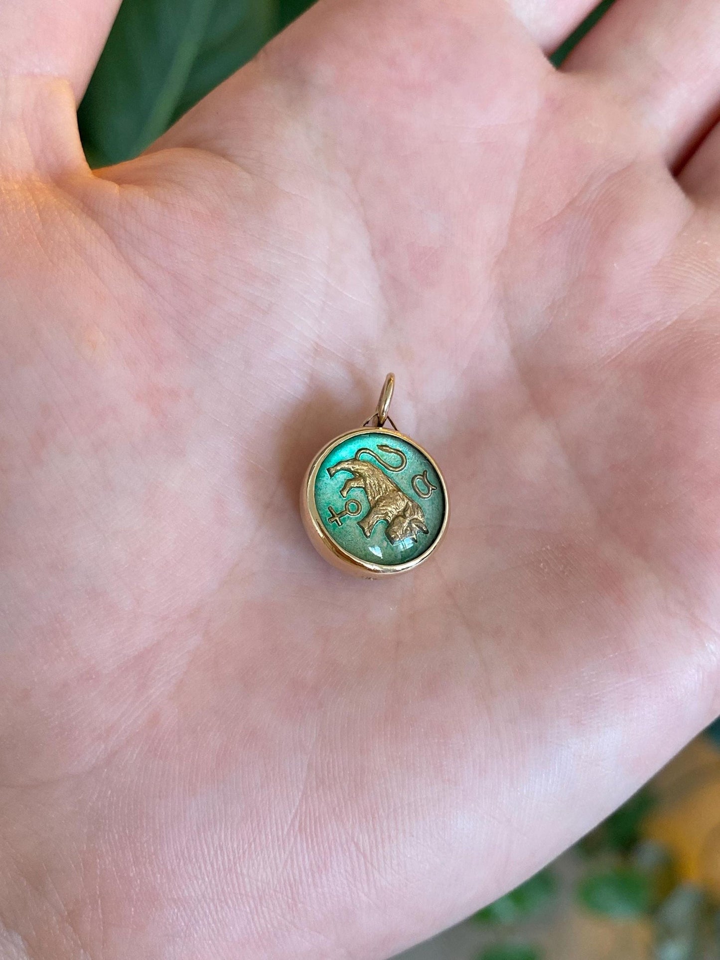 Vintage Solid 14k Yellow Gold Enamel Glass Cabochon Taurus Charm