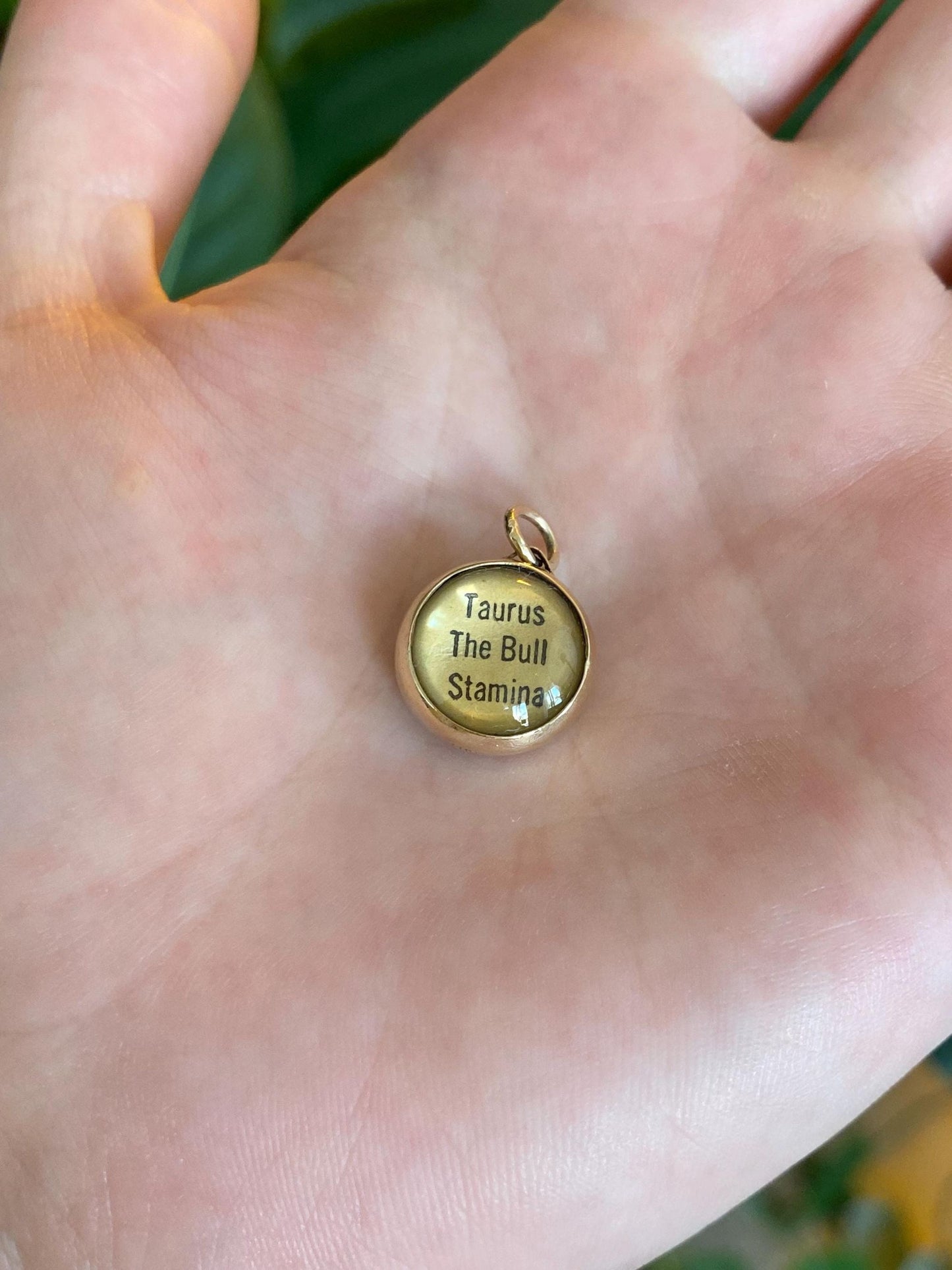 Vintage Solid 14k Yellow Gold Enamel Glass Cabochon Taurus Charm