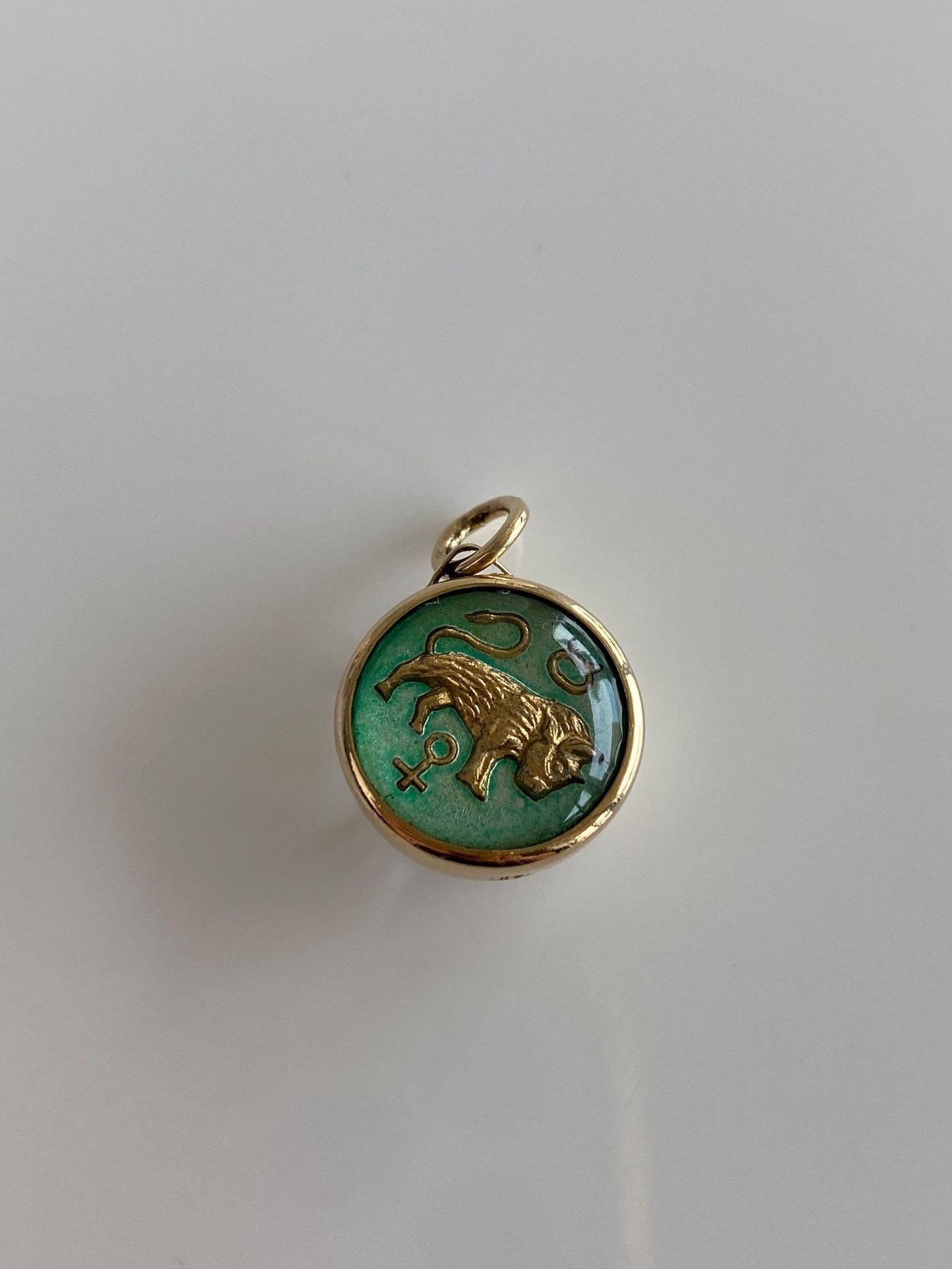 Vintage Solid 14k Yellow Gold Enamel Glass Cabochon Taurus Charm