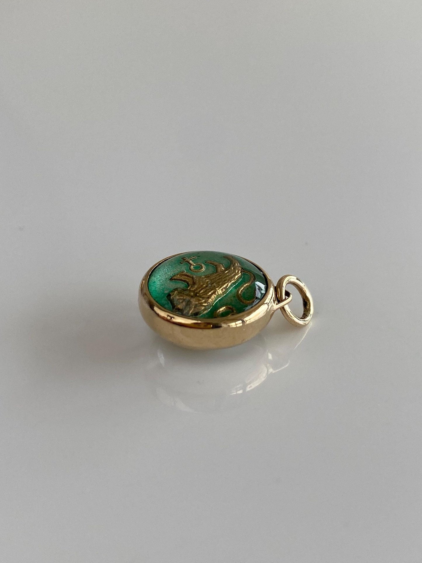Vintage Solid 14k Yellow Gold Enamel Glass Cabochon Taurus Charm