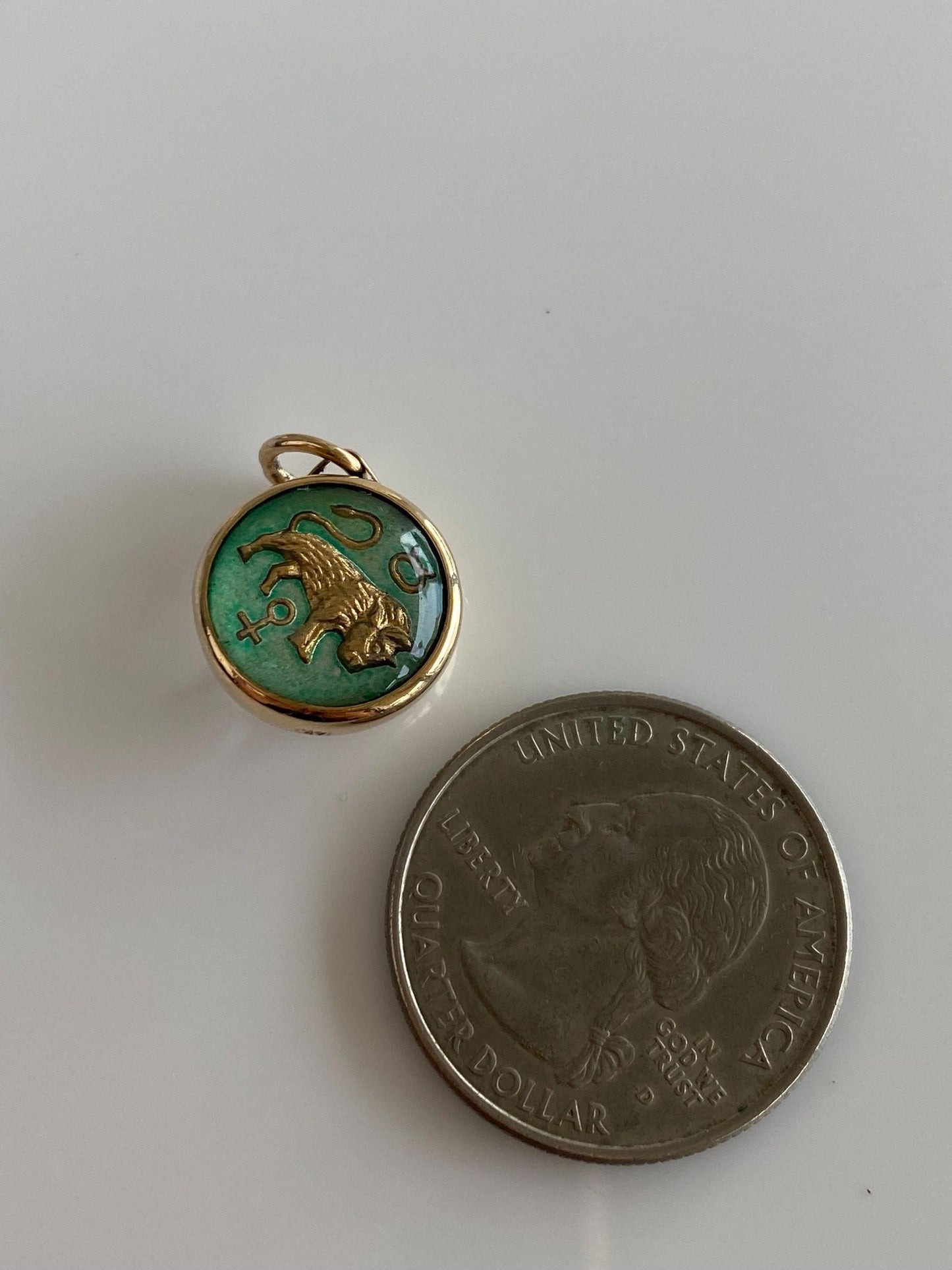 Vintage Solid 14k Yellow Gold Enamel Glass Cabochon Taurus Charm