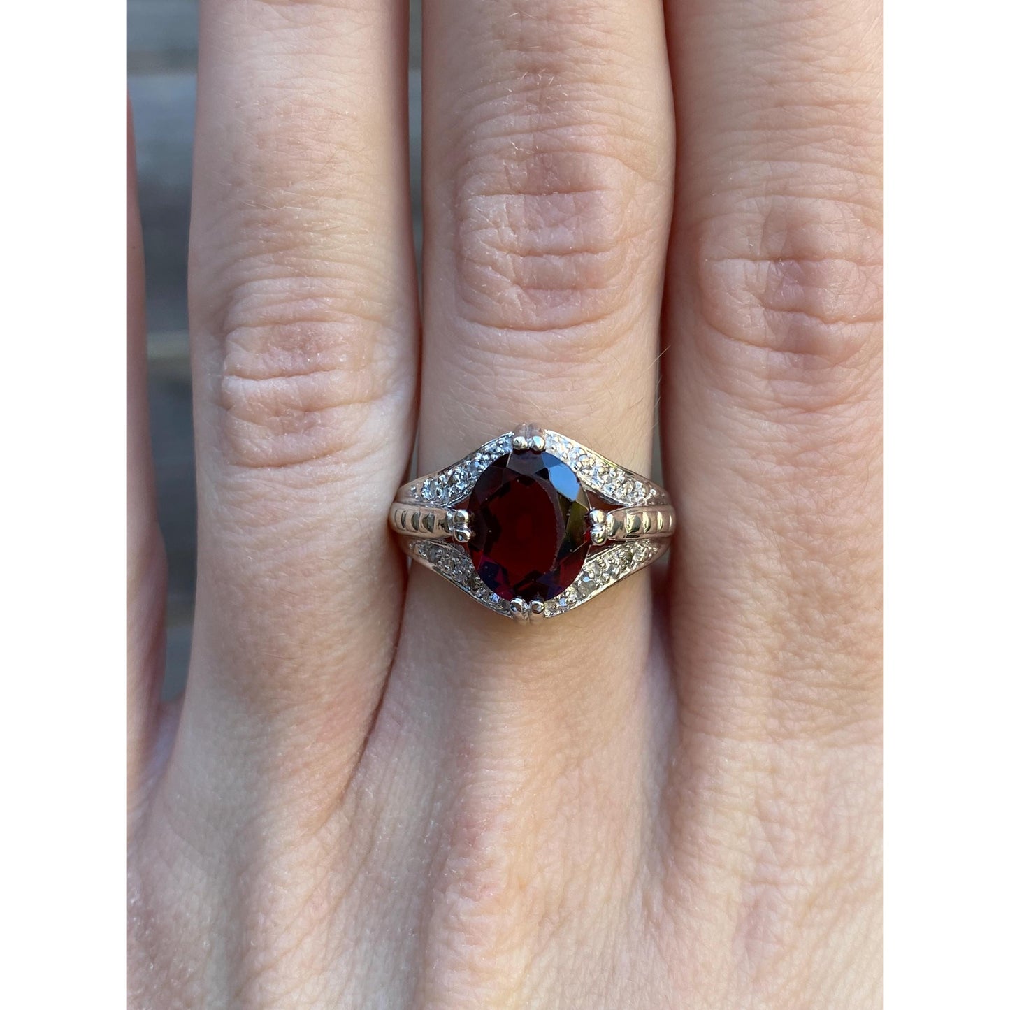 Vintage Solid 14k White Gold Garnet Diamond Ring - Size 6.75