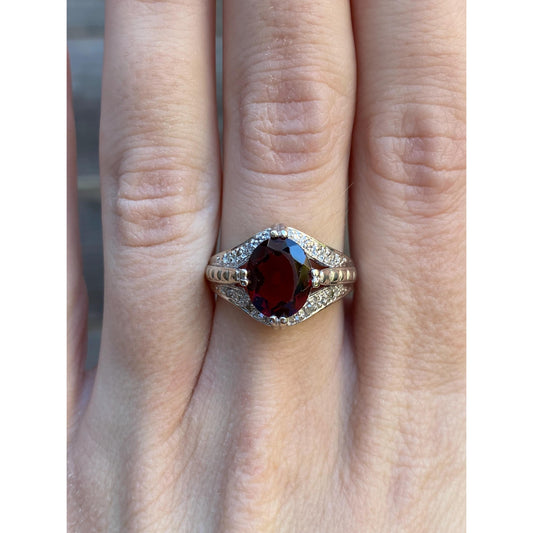 Vintage Solid 14k White Gold Garnet Diamond Ring - Size 6.75
