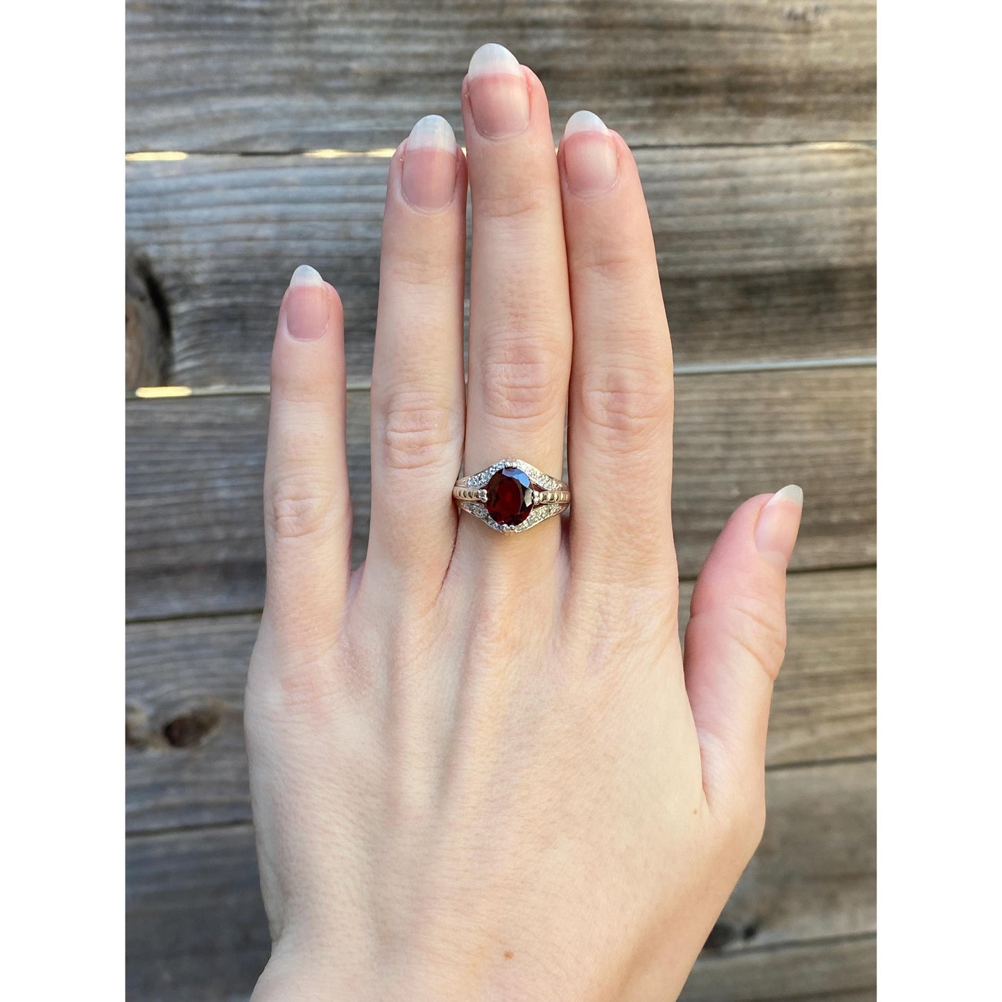 Vintage Solid 14k White Gold Garnet Diamond Ring - Size 6.75