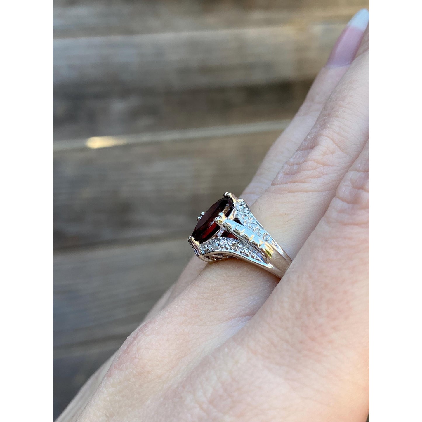 Vintage Solid 14k White Gold Garnet Diamond Ring - Size 6.75