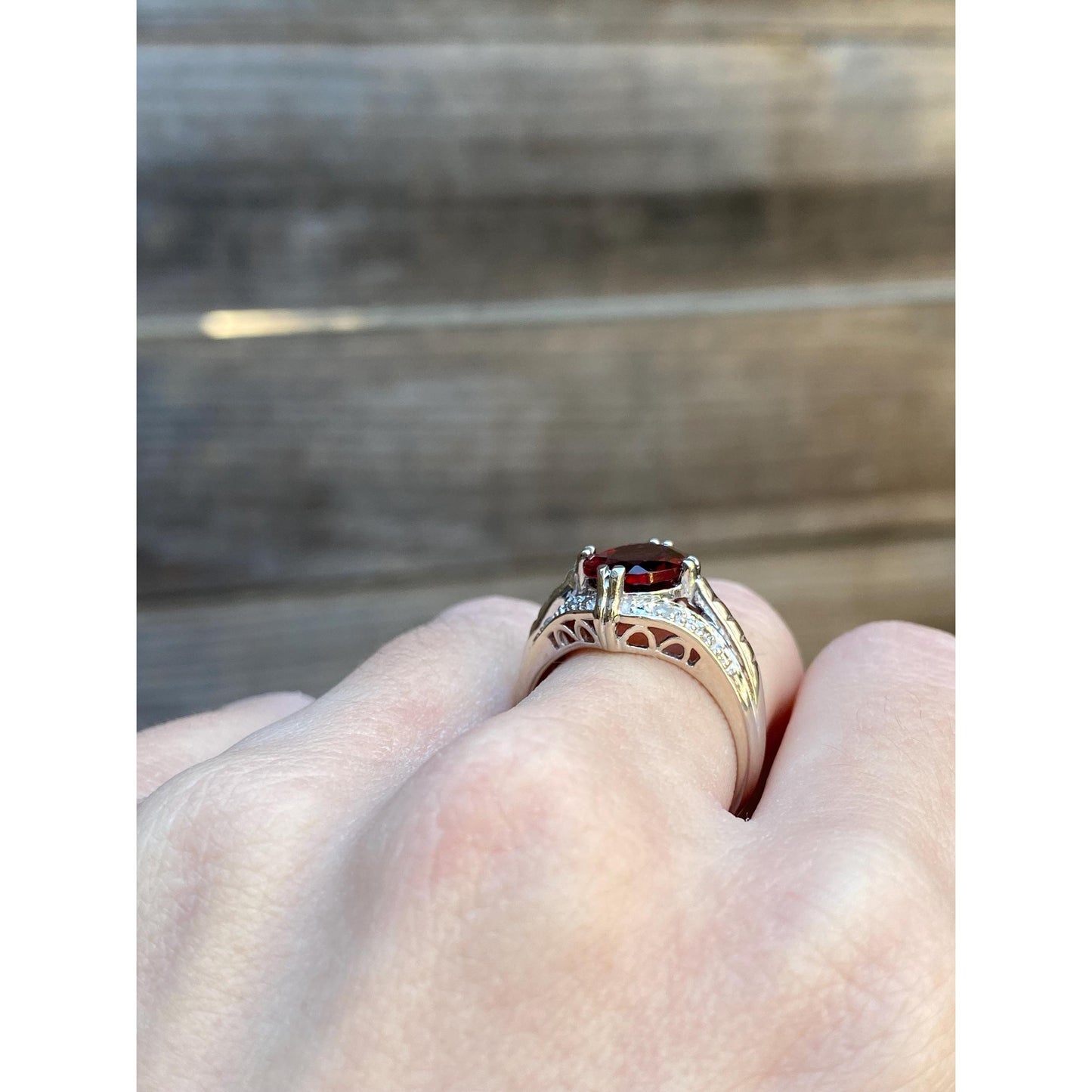 Vintage Solid 14k White Gold Garnet Diamond Ring - Size 6.75