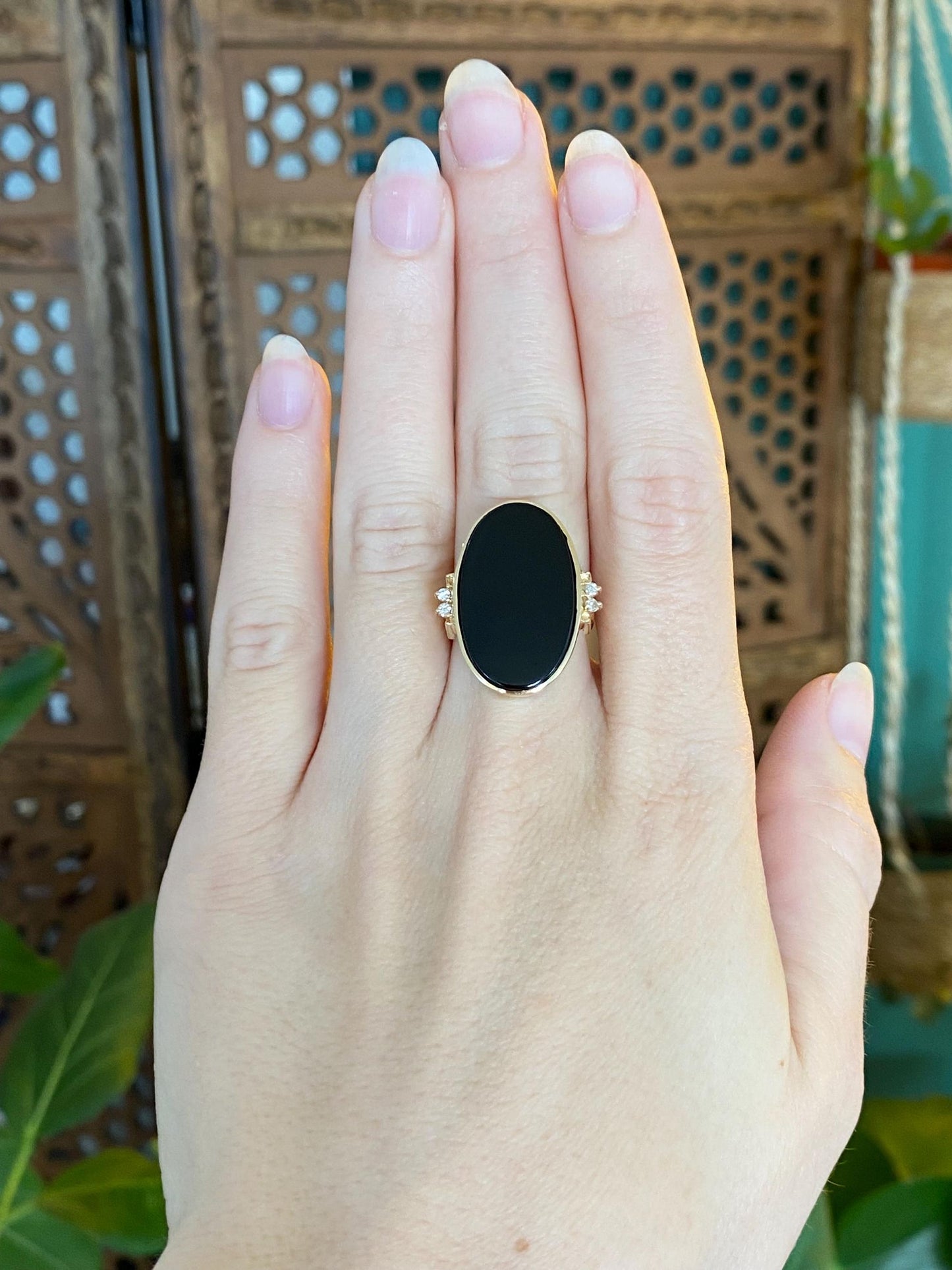 Vintage Solid 14k Yellow Gold Diamond Black Onyx Ring - Size 6.5