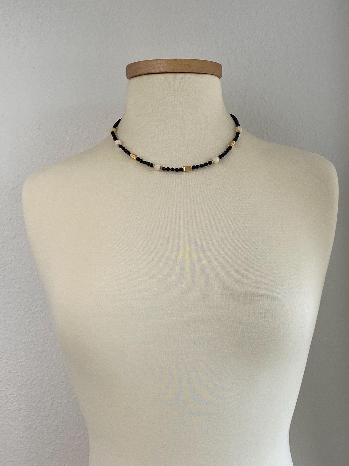 Vintage Solid 14k Yellow Gold Fluted Beads Black Onyx Beads White Carved Bead Necklace - 18.5 inches