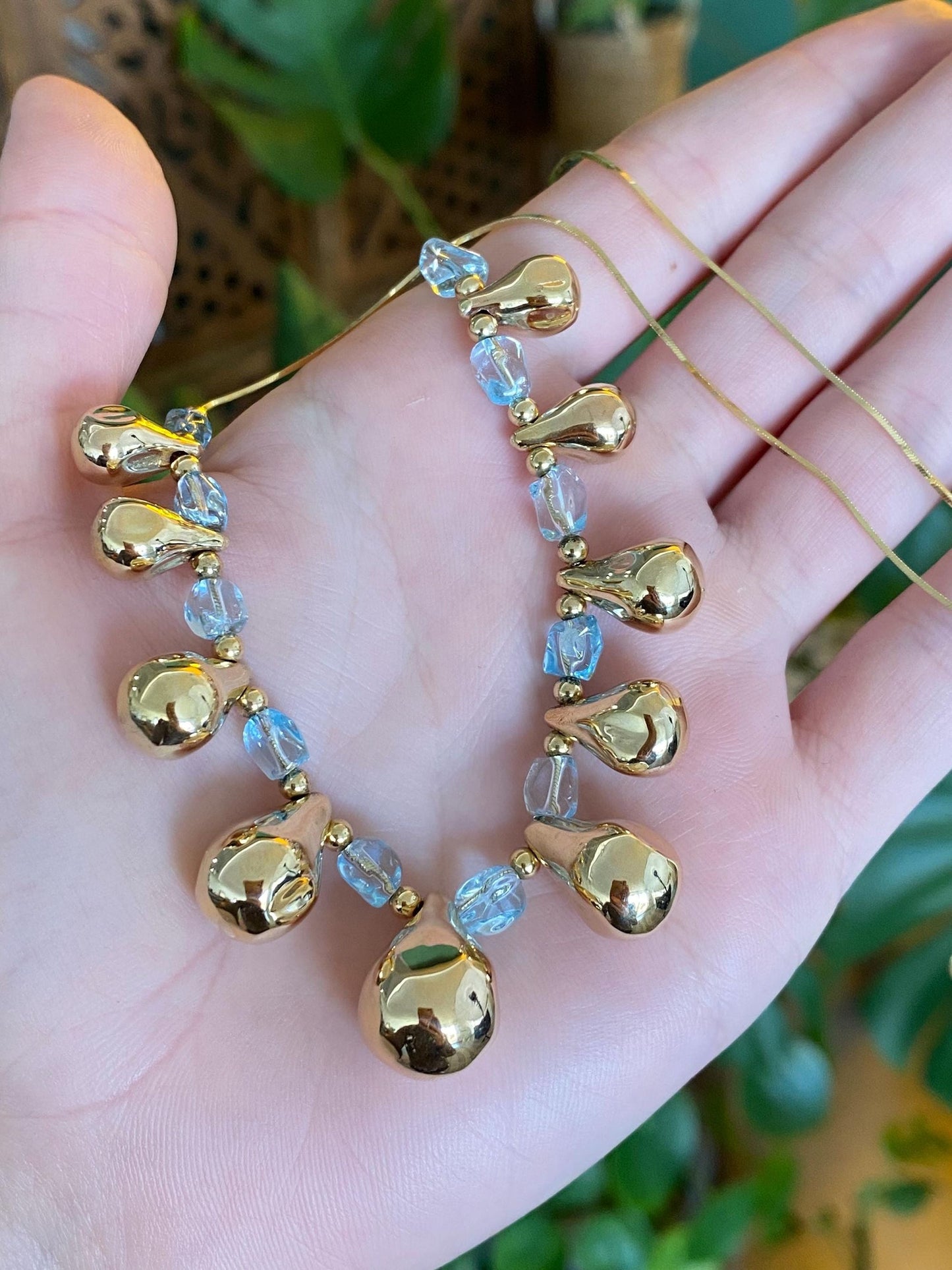 Vintage 18k Yellow Gold Topaz Bead Teardrop Square Snake Chain Necklace - 18.25 inches