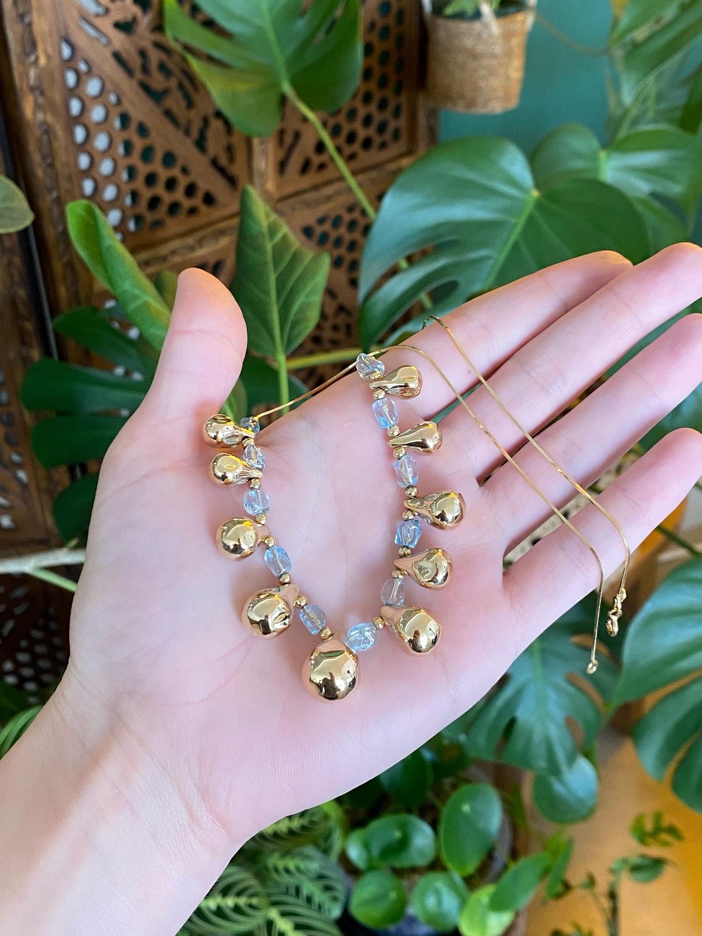 Vintage 18k Yellow Gold Topaz Bead Teardrop Square Snake Chain Necklace - 18.25 inches