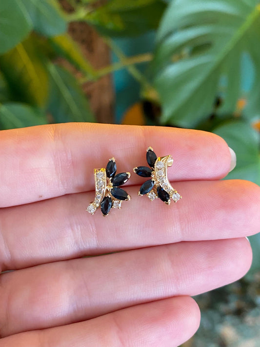 Vintage Solid 14k Yellow Gold Blue Spinel Diamond Stud Earrings