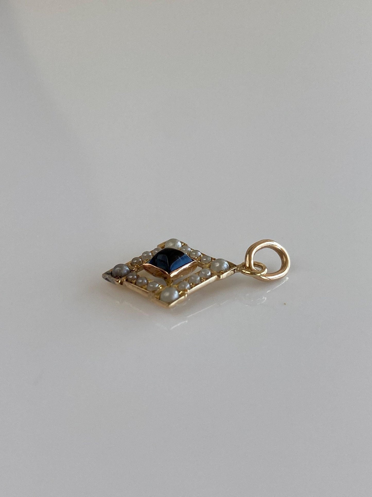 Vintage Solid 9k Yellow Gold Blue Cubic Zirconia Seed Pearls Halo Charm