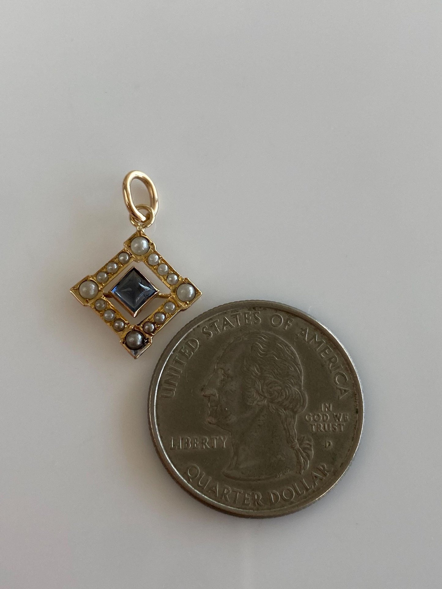 Vintage Solid 9k Yellow Gold Blue Cubic Zirconia Seed Pearls Halo Charm