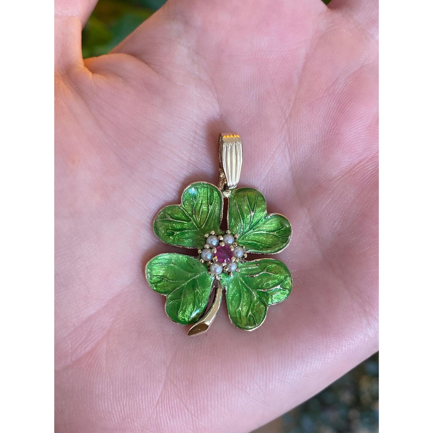 Vintage Solid 14k Yellow Gold Pink Sapphire Seed Pearl Green Enamel 4 Leaf Clover Charm