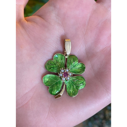 Vintage Solid 14k Yellow Gold Pink Sapphire Seed Pearl Green Enamel 4 Leaf Clover Charm