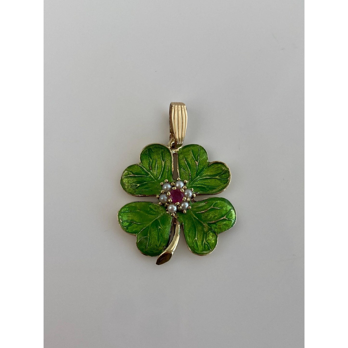 Vintage Solid 14k Yellow Gold Pink Sapphire Seed Pearl Green Enamel 4 Leaf Clover Charm