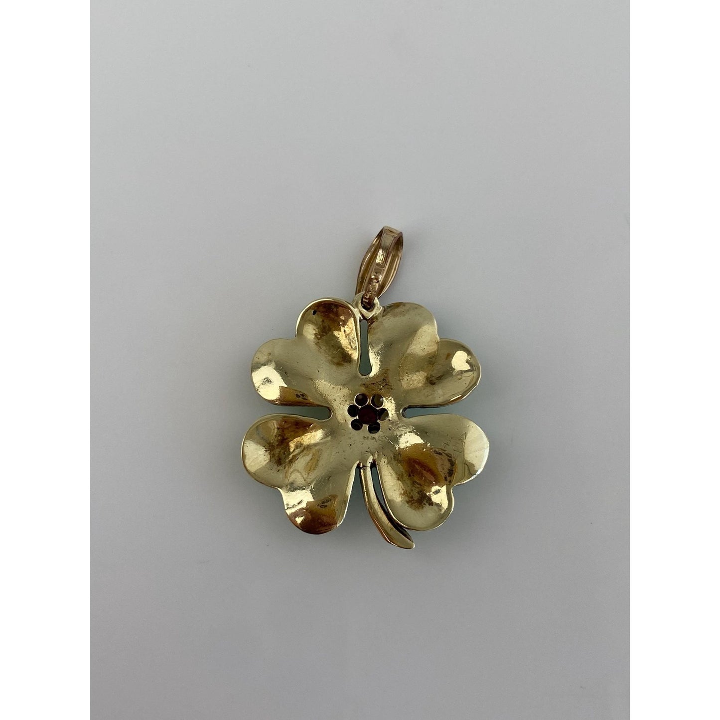 Vintage Solid 14k Yellow Gold Pink Sapphire Seed Pearl Green Enamel 4 Leaf Clover Charm