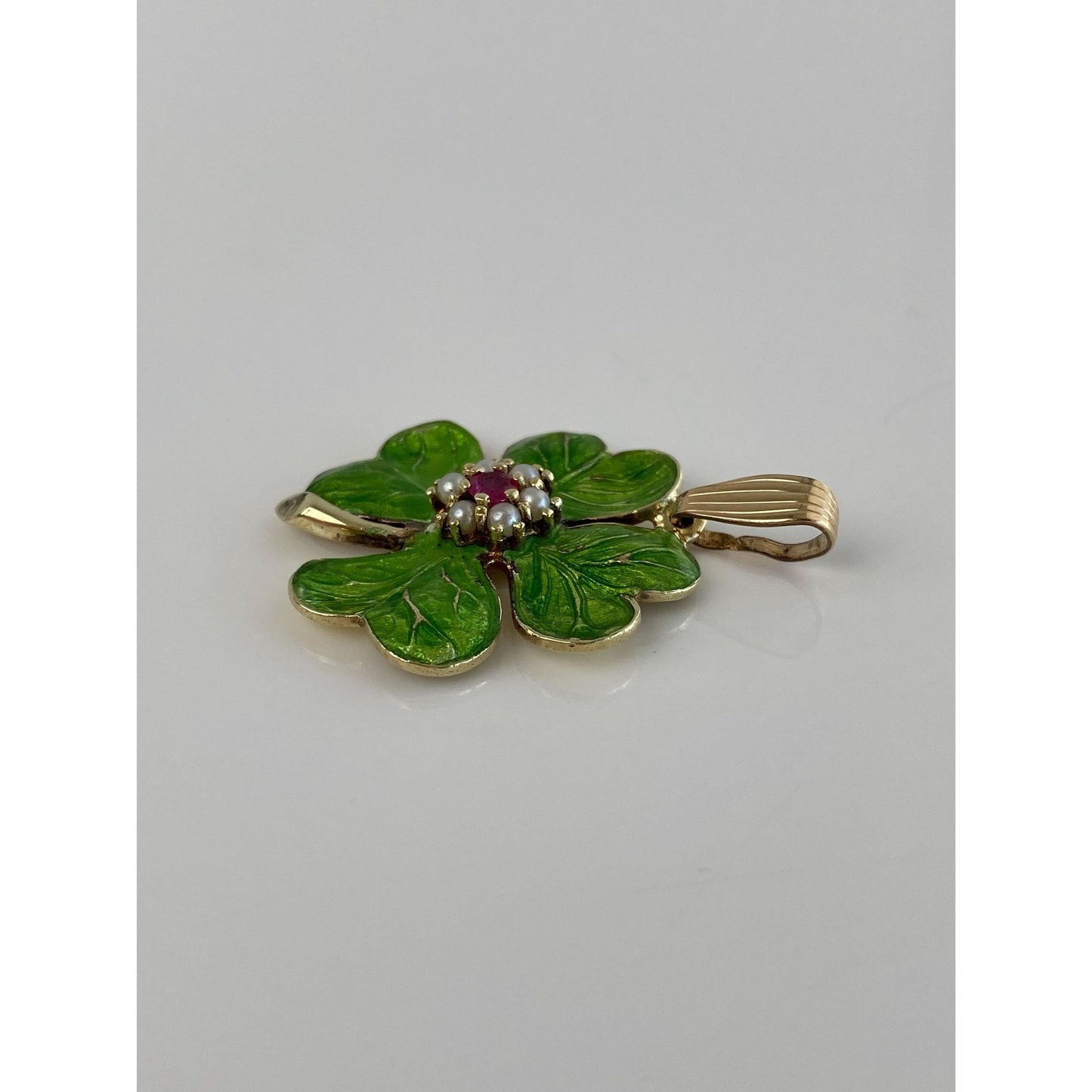 Vintage Solid 14k Yellow Gold Pink Sapphire Seed Pearl Green Enamel 4 Leaf Clover Charm