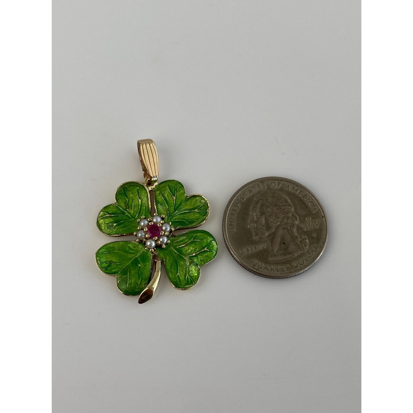 Vintage Solid 14k Yellow Gold Pink Sapphire Seed Pearl Green Enamel 4 Leaf Clover Charm