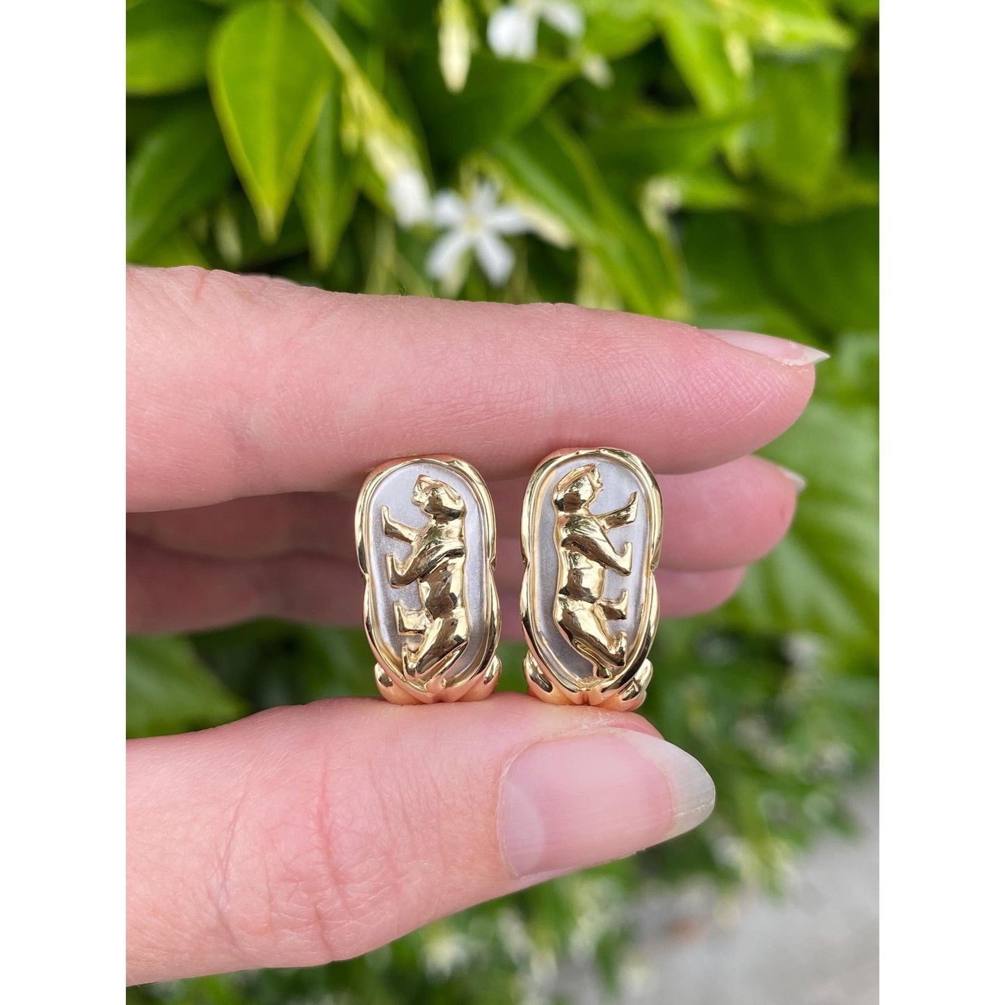 Vintage Solid 14k White & Yellow Gold Jaguar Drop Earrings