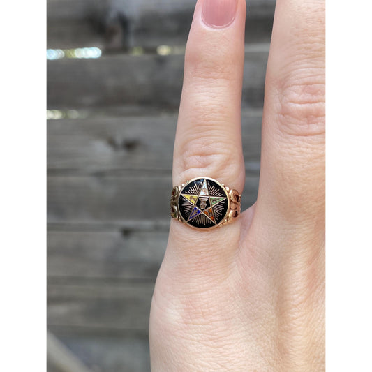 Vintage Solid 10k Yellow Gold Enamel Freemason Star Ring - Size 2.25