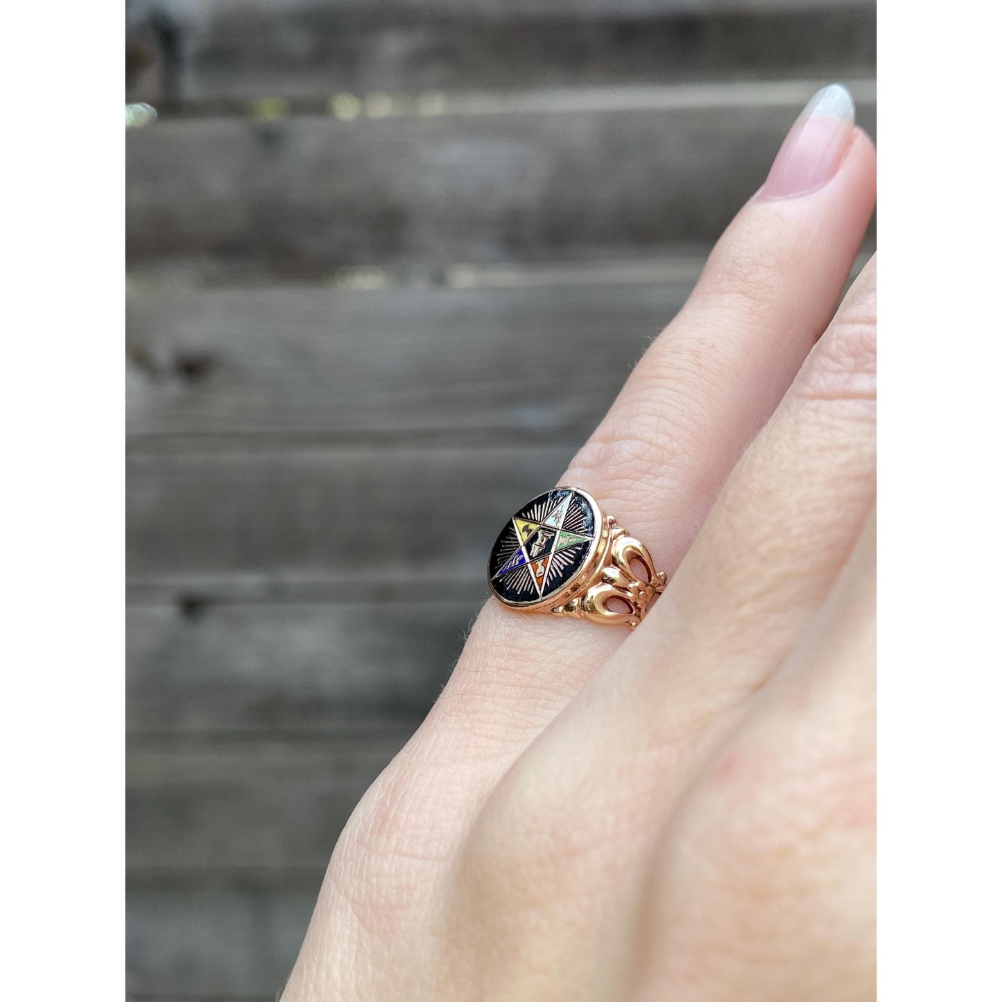 Vintage Solid 10k Yellow Gold Enamel Freemason Star Ring - Size 2.25