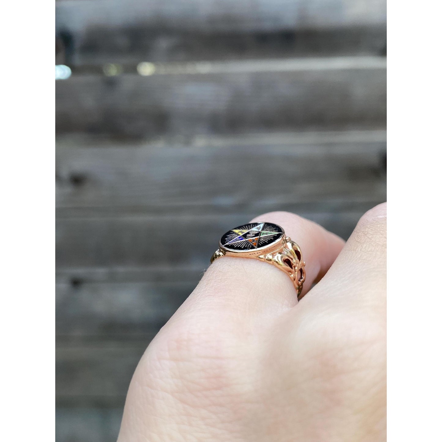 Vintage Solid 10k Yellow Gold Enamel Freemason Star Ring - Size 2.25