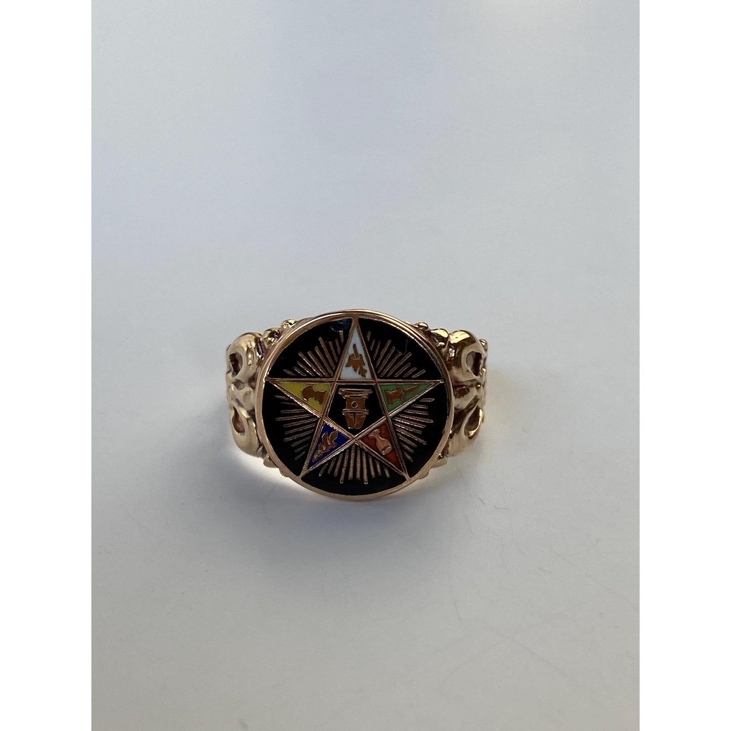 Vintage Solid 10k Yellow Gold Enamel Freemason Star Ring - Size 2.25