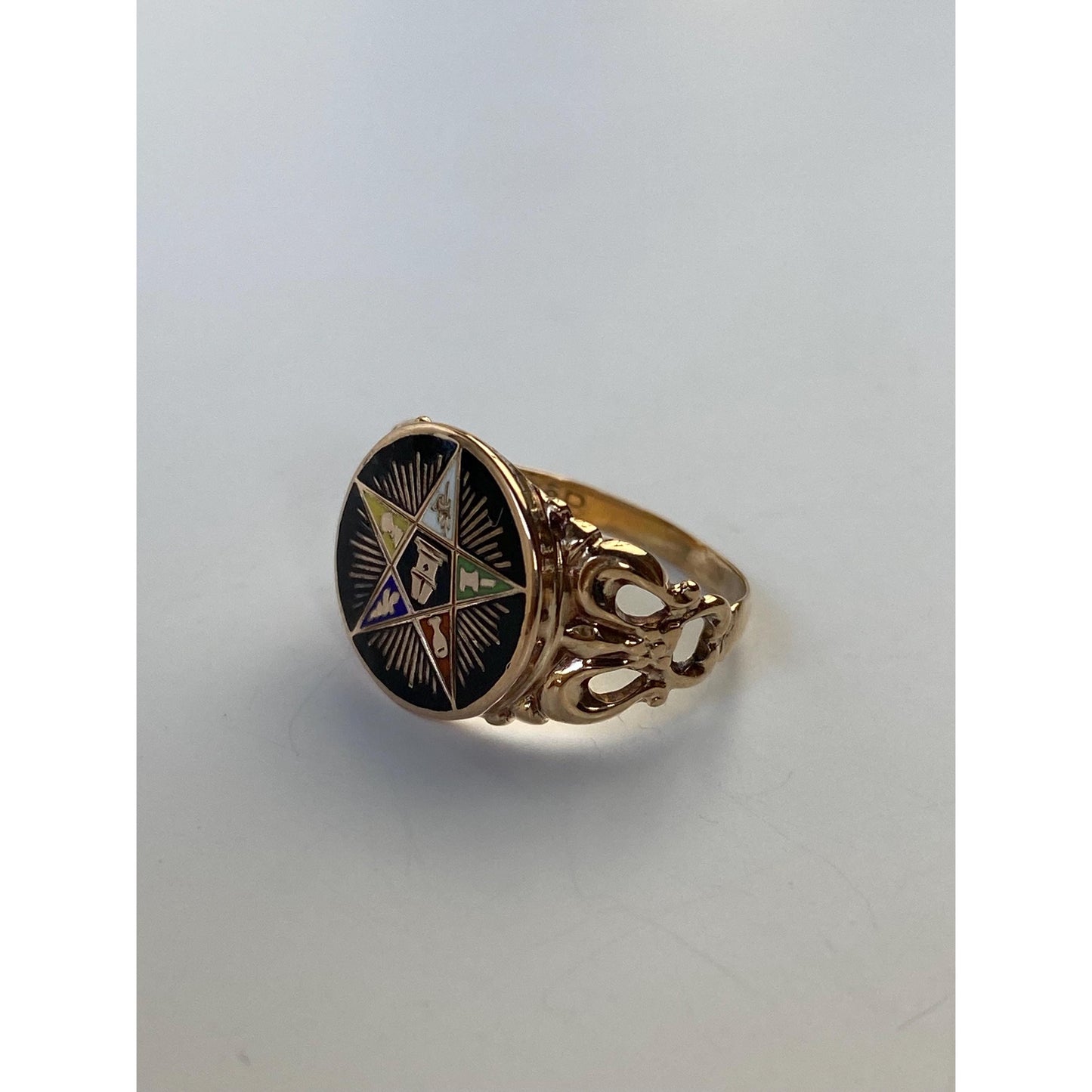 Vintage Solid 10k Yellow Gold Enamel Freemason Star Ring - Size 2.25