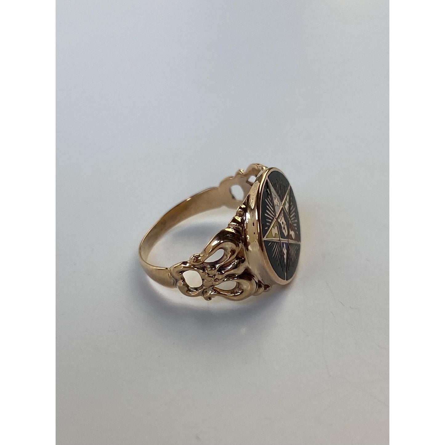 Vintage Solid 10k Yellow Gold Enamel Freemason Star Ring - Size 2.25