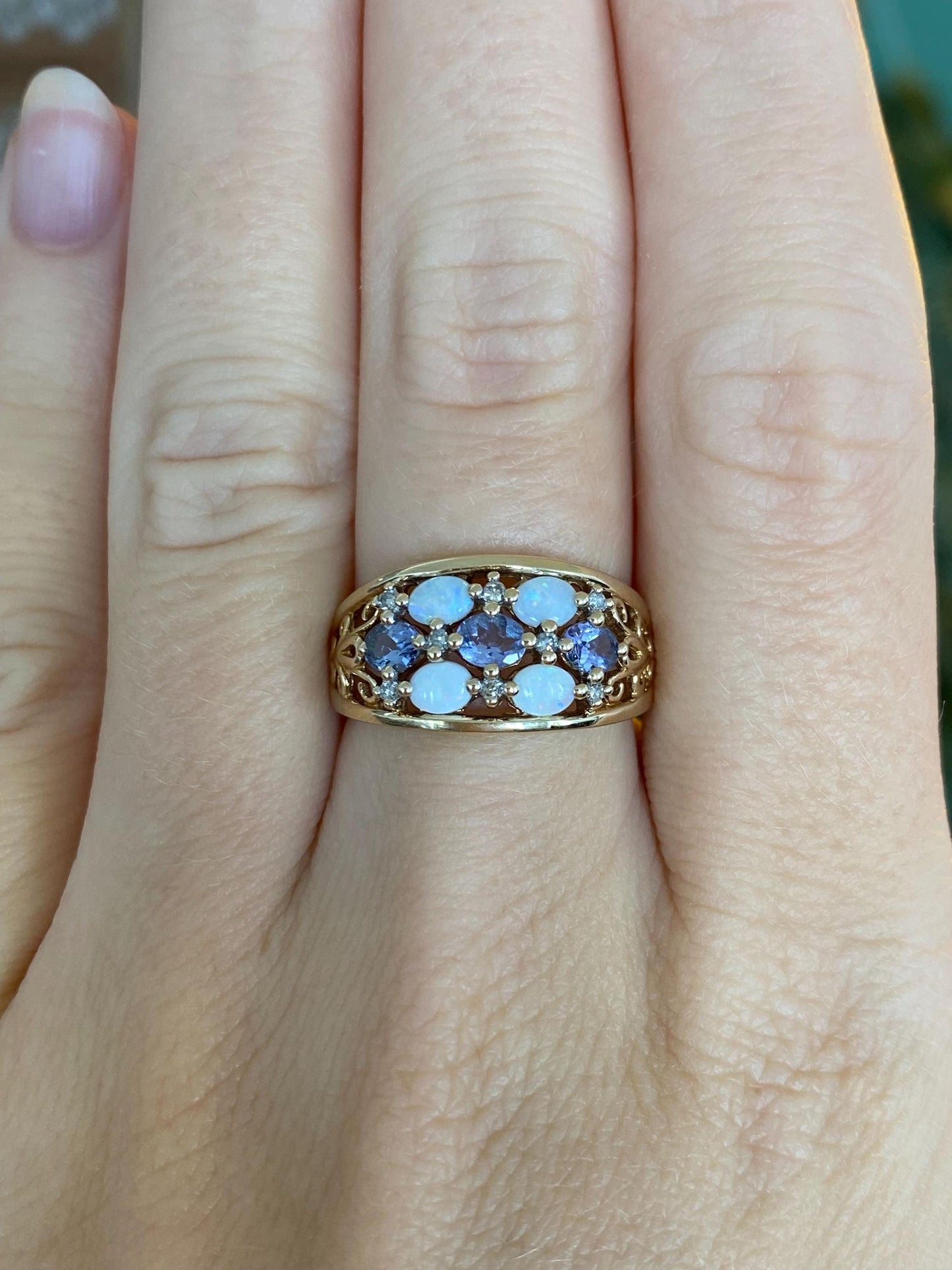 Solid 10k Yellow Gold Tanzanite Diamond Opal Open Work Ring Band - Size 6.5