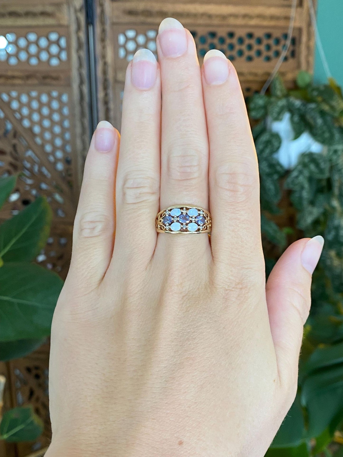 Solid 10k Yellow Gold Tanzanite Diamond Opal Open Work Ring Band - Size 6.5