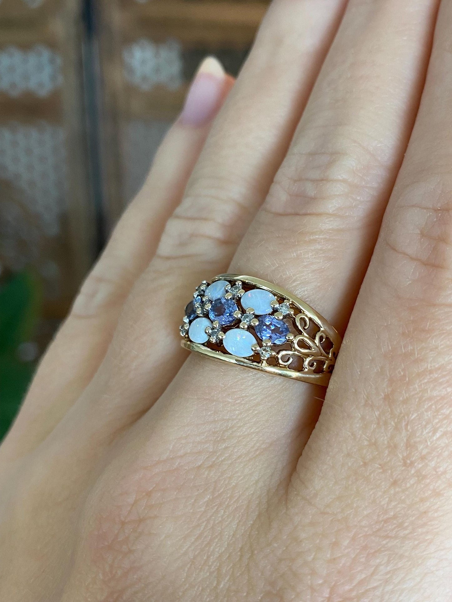 Solid 10k Yellow Gold Tanzanite Diamond Opal Open Work Ring Band - Size 6.5