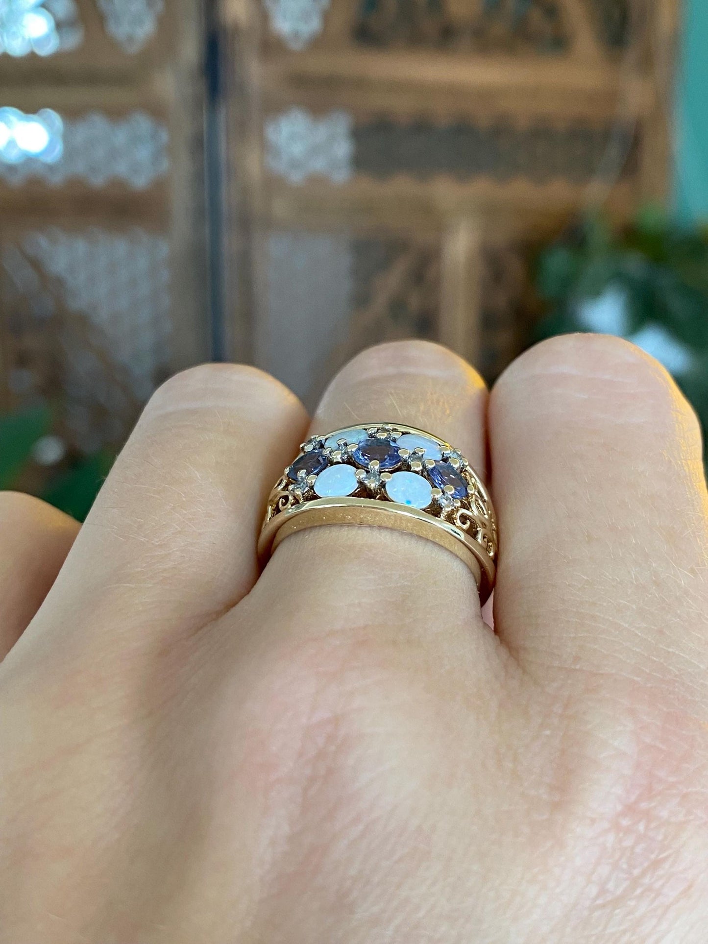 Solid 10k Yellow Gold Tanzanite Diamond Opal Open Work Ring Band - Size 6.5