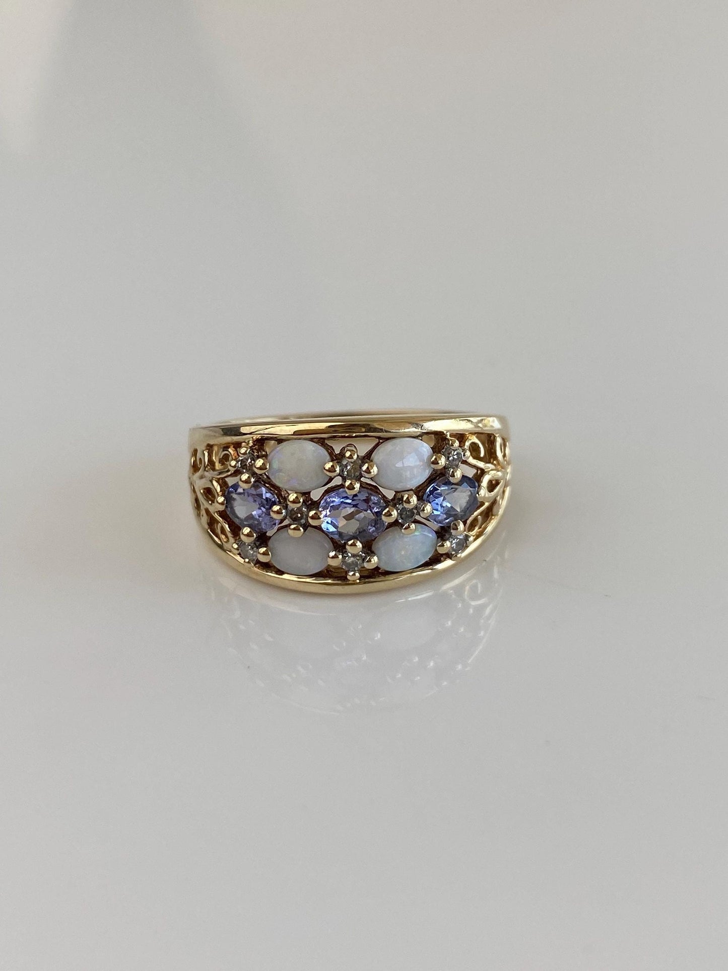 Solid 10k Yellow Gold Tanzanite Diamond Opal Open Work Ring Band - Size 6.5