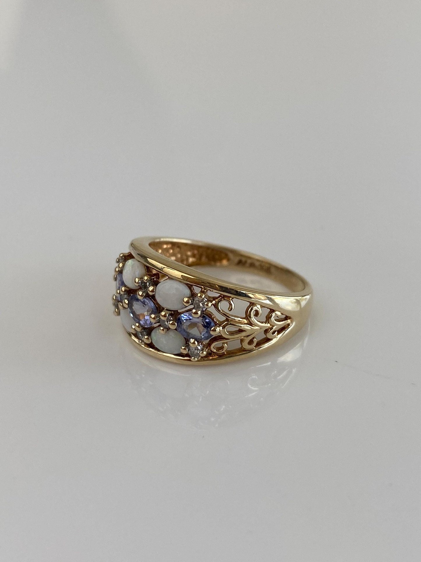 Solid 10k Yellow Gold Tanzanite Diamond Opal Open Work Ring Band - Size 6.5