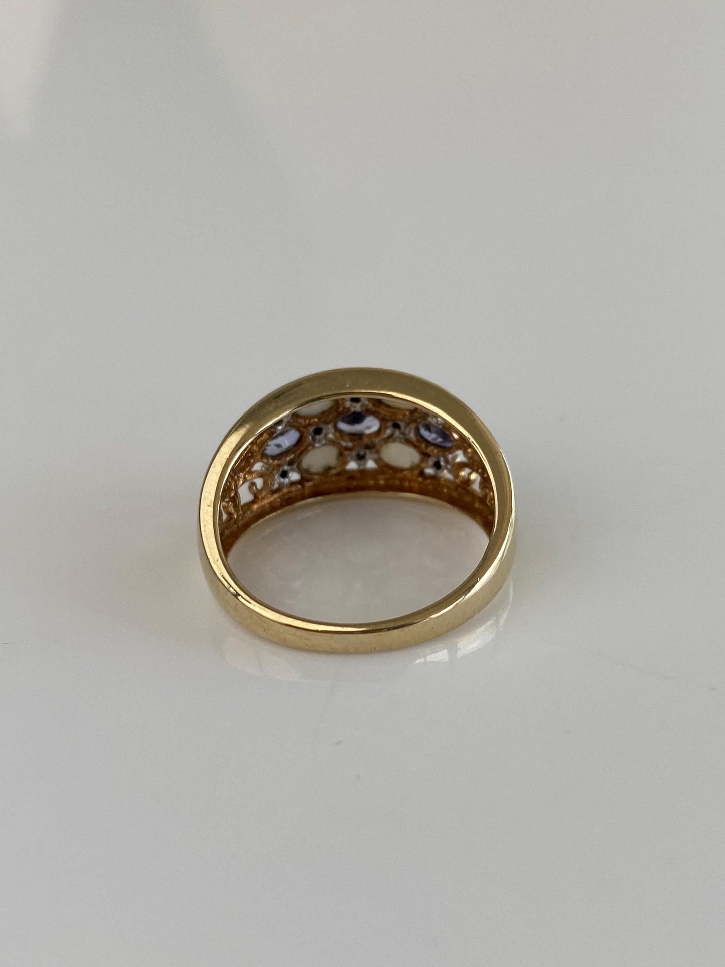 Solid 10k Yellow Gold Tanzanite Diamond Opal Open Work Ring Band - Size 6.5