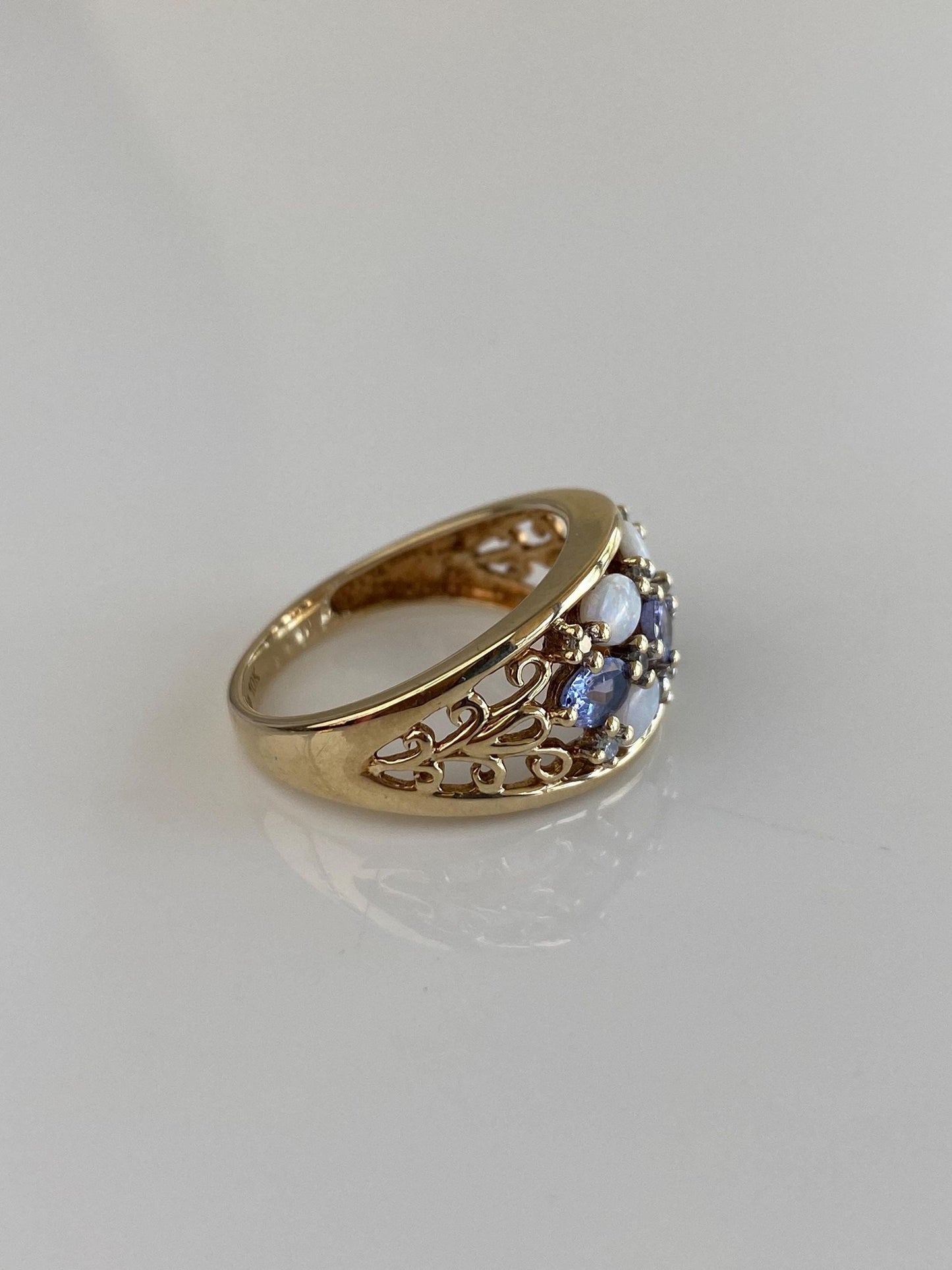 Solid 10k Yellow Gold Tanzanite Diamond Opal Open Work Ring Band - Size 6.5