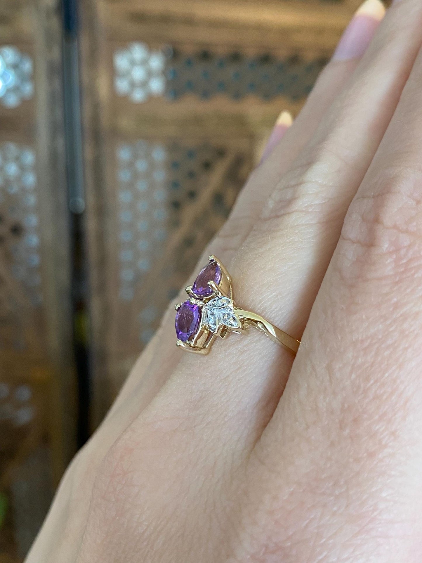 Vintage Solid 10k White & Yellow Gold Diamond Amethyst Ring - Size 6