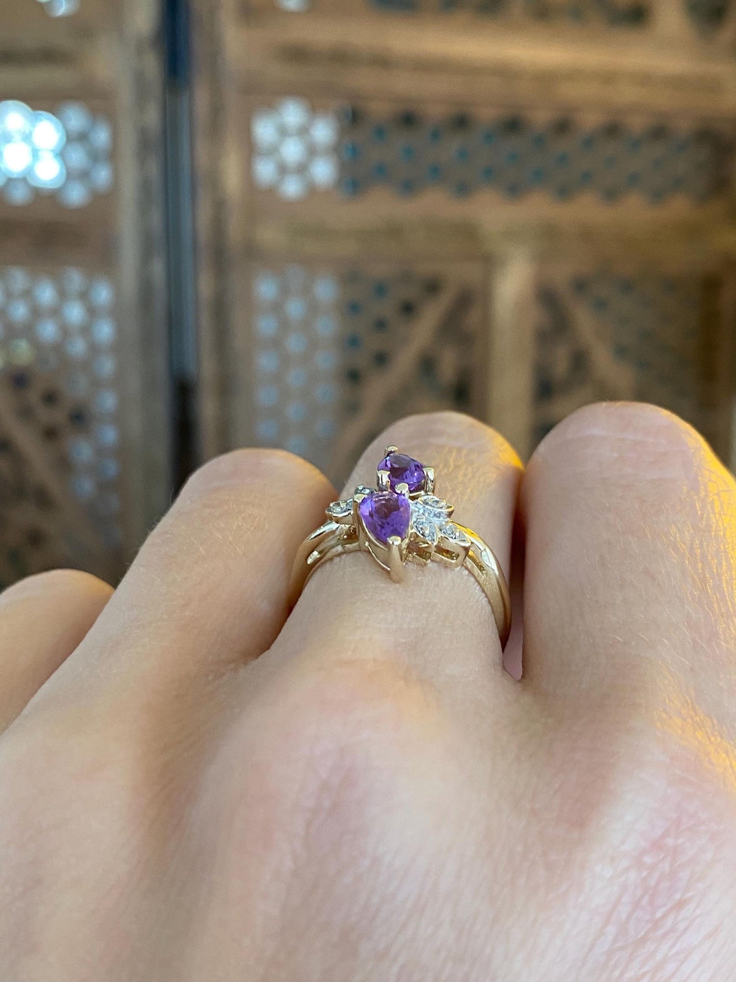 Vintage Solid 10k White & Yellow Gold Diamond Amethyst Ring - Size 6