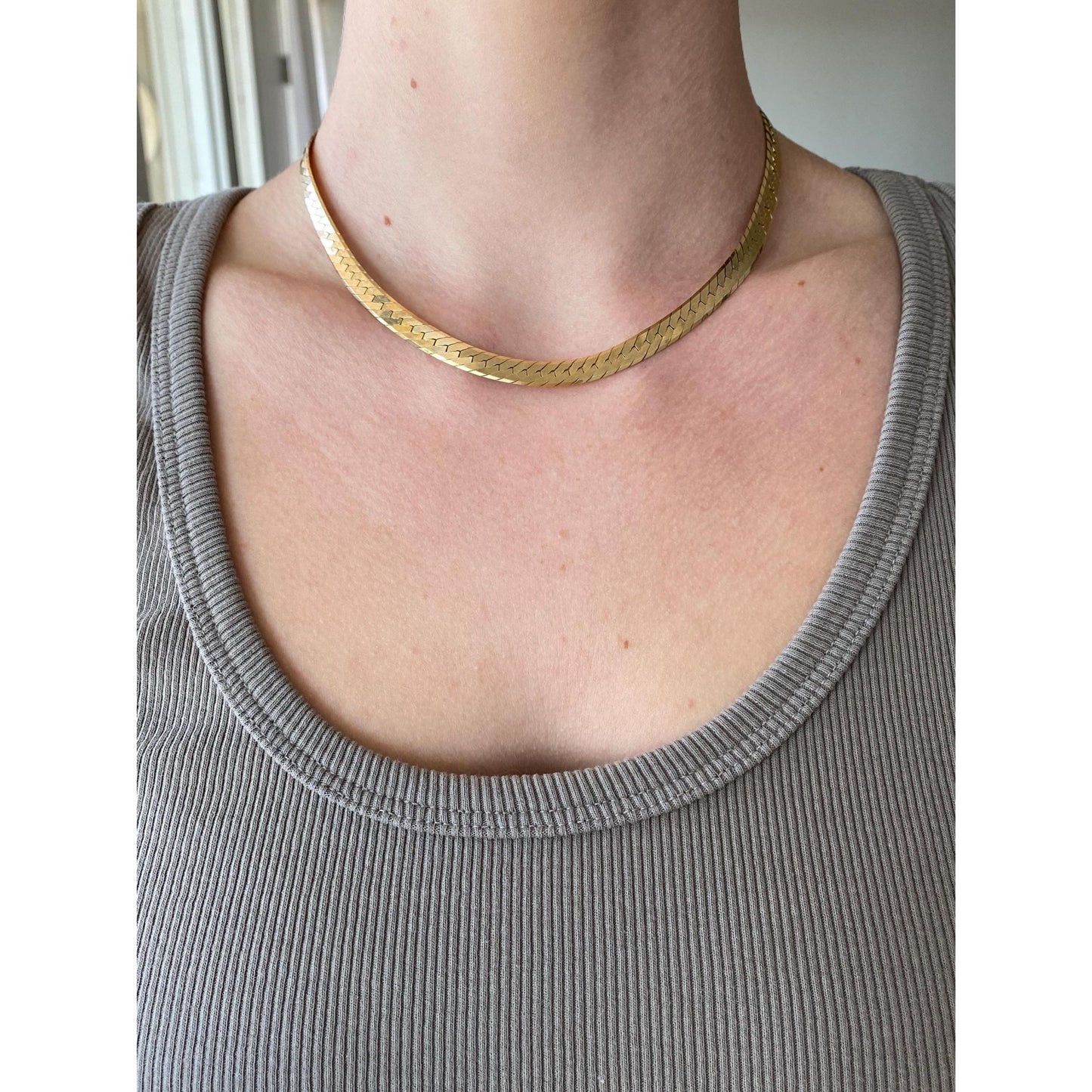 Vintage Solid 14k Yellow Gold Chunky Herringbone Chain Necklace - 16 inches