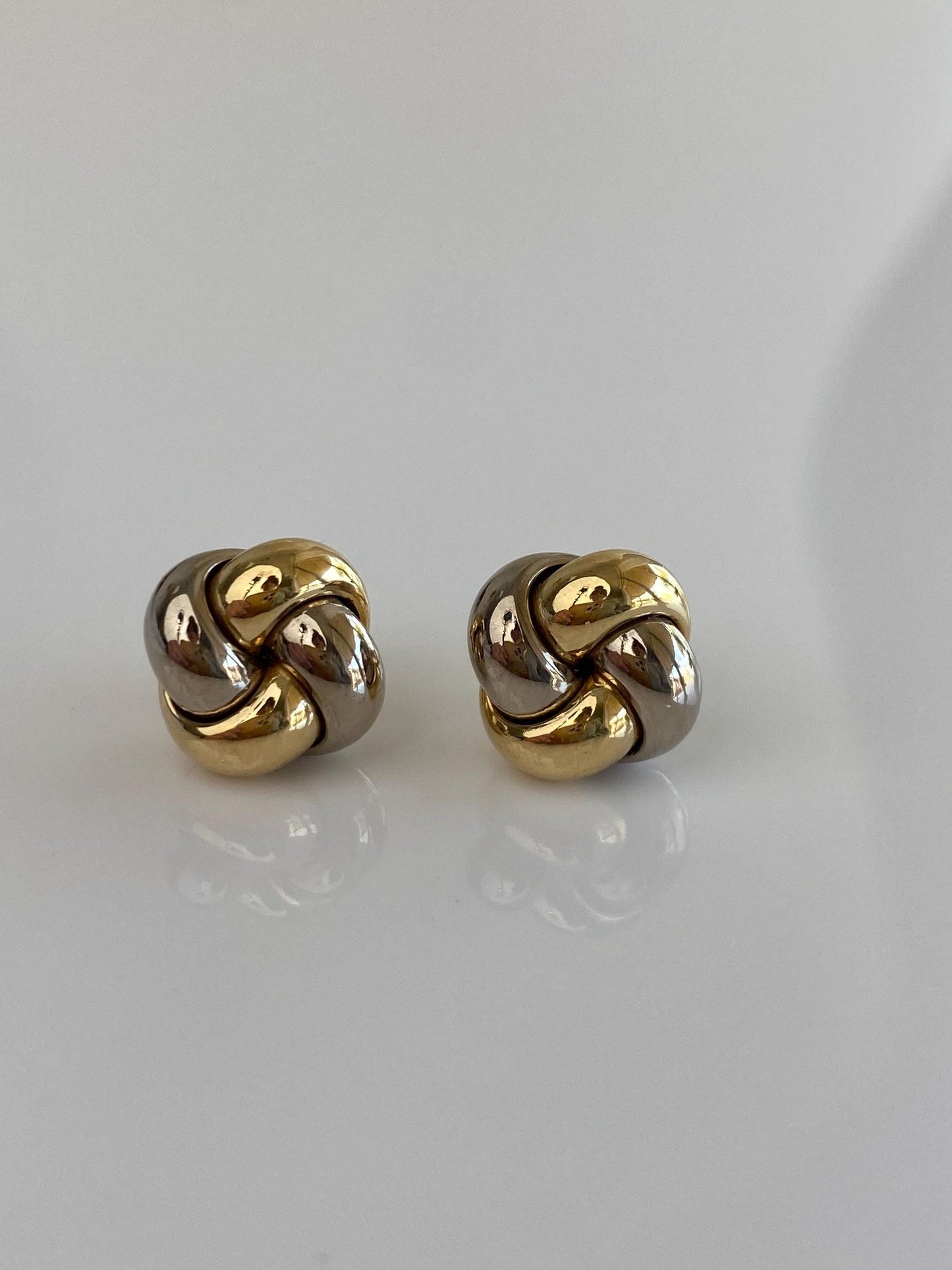 Vintage Solid 18k White & Yellow Gold Knot Stud Earrings