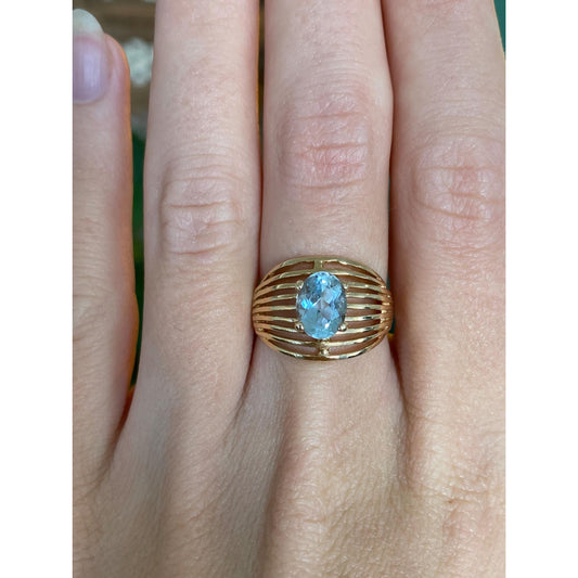 Vintage Solid 14k Yellow Gold Aquamarine Open Work Lined Ring - Size 6