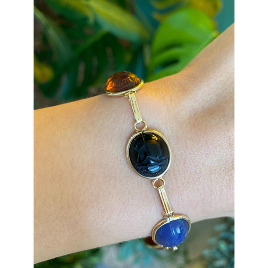 Solid 10k Yellow Gold Tigers Eye Citrine Black Onyx Carnelian Blue Chalcedony Scarab Link Bracelet - 7 inches