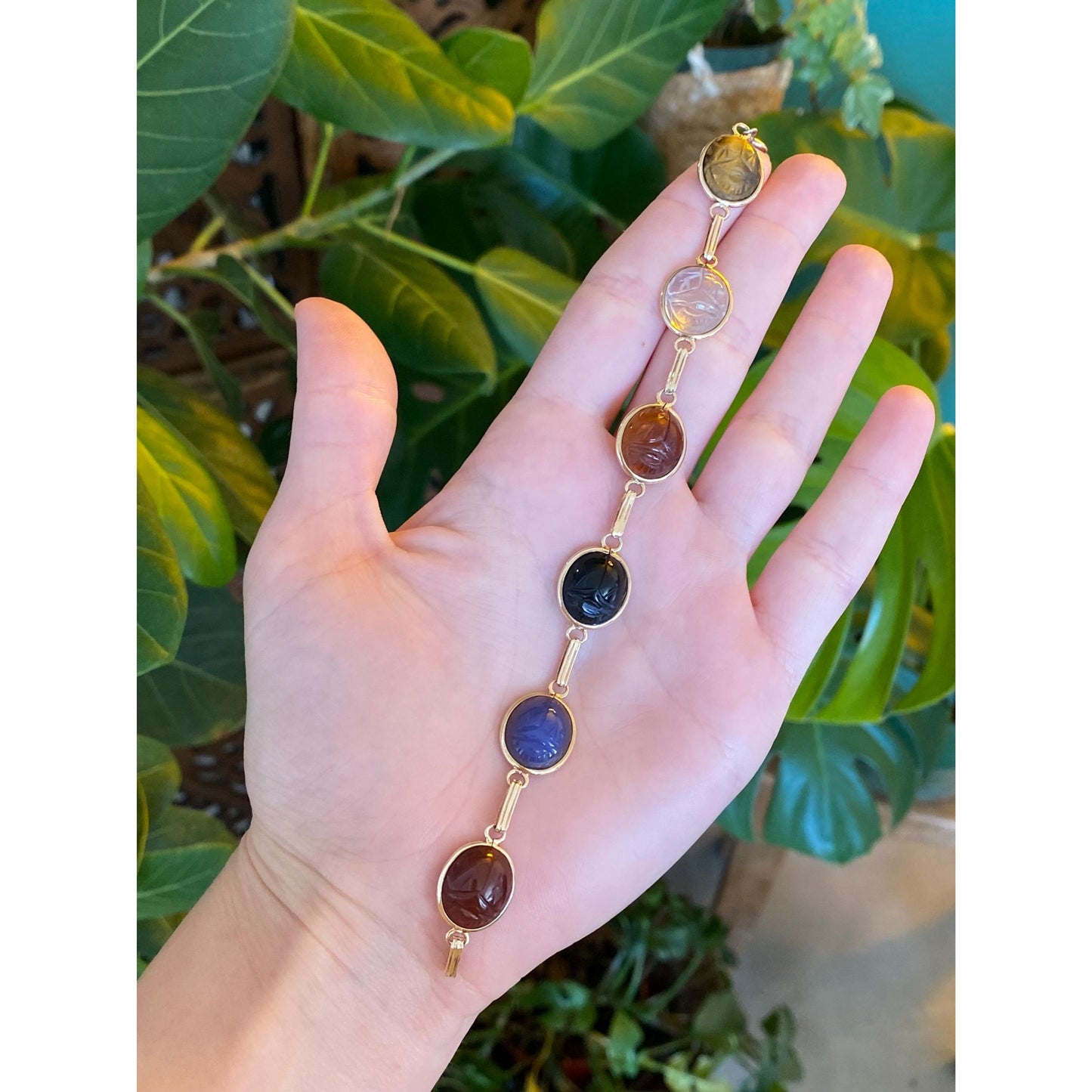 Solid 10k Yellow Gold Tigers Eye Citrine Black Onyx Carnelian Blue Chalcedony Scarab Link Bracelet - 7 inches