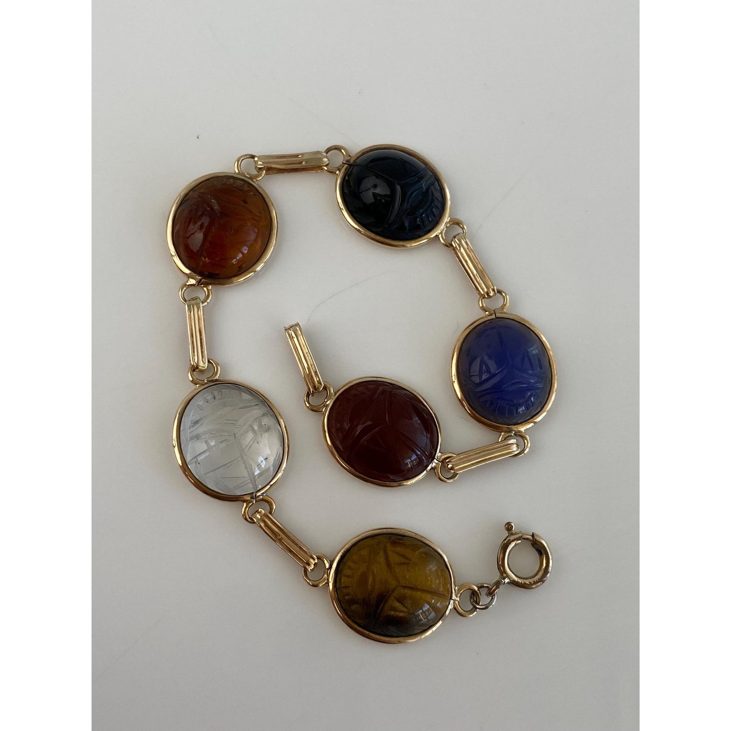 Solid 10k Yellow Gold Tigers Eye Citrine Black Onyx Carnelian Blue Chalcedony Scarab Link Bracelet - 7 inches
