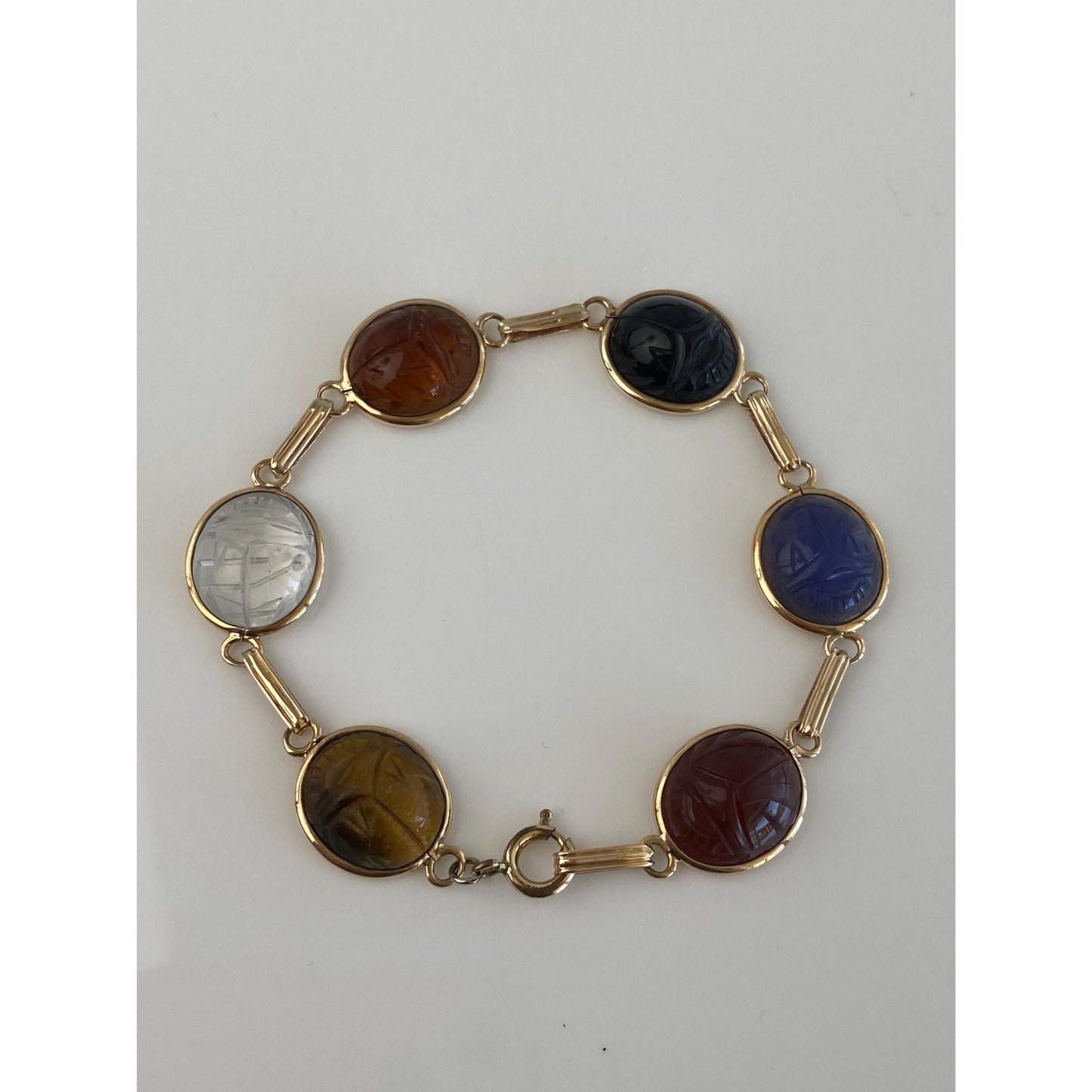 Solid 10k Yellow Gold Tigers Eye Citrine Black Onyx Carnelian Blue Chalcedony Scarab Link Bracelet - 7 inches