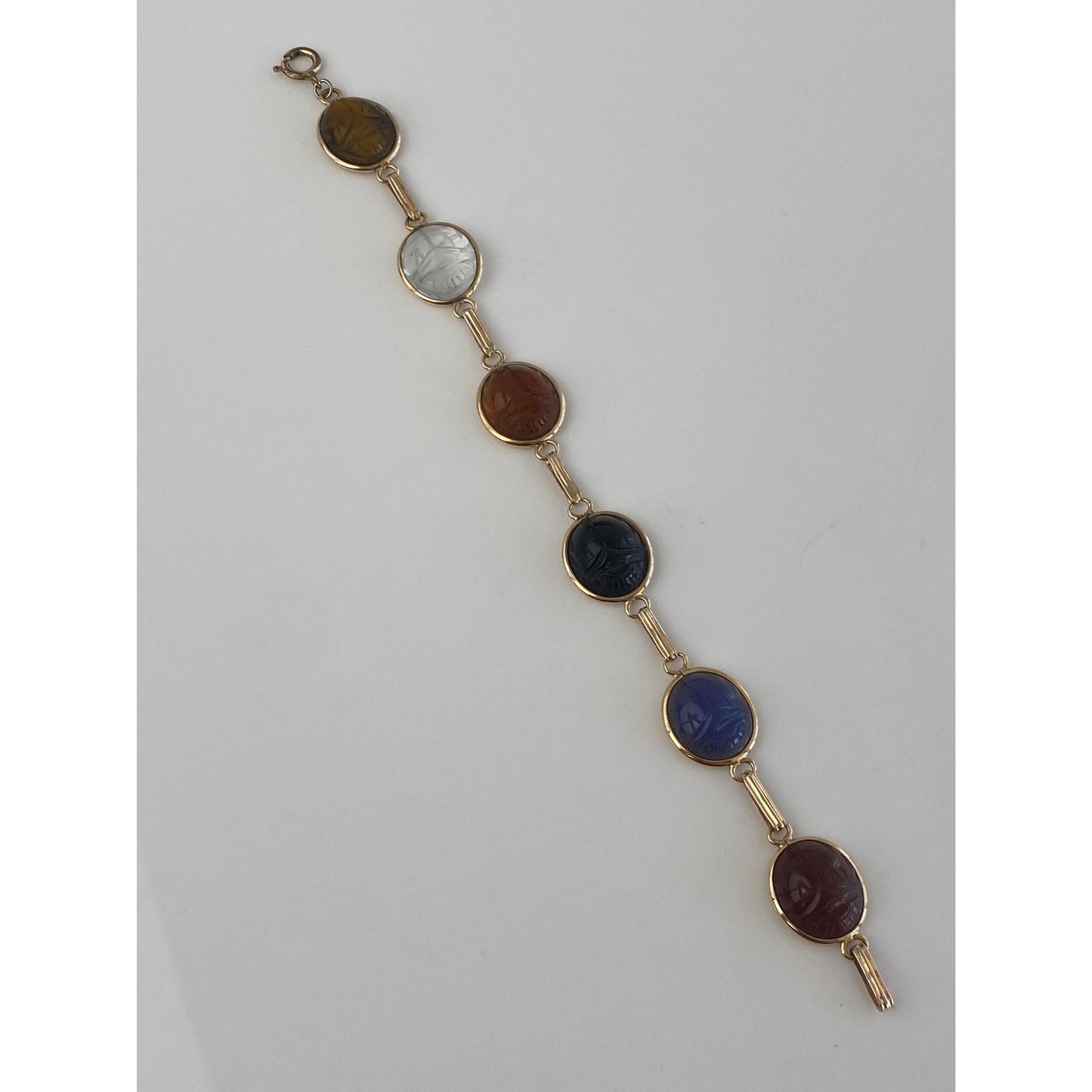 Solid 10k Yellow Gold Tigers Eye Citrine Black Onyx Carnelian Blue Chalcedony Scarab Link Bracelet - 7 inches