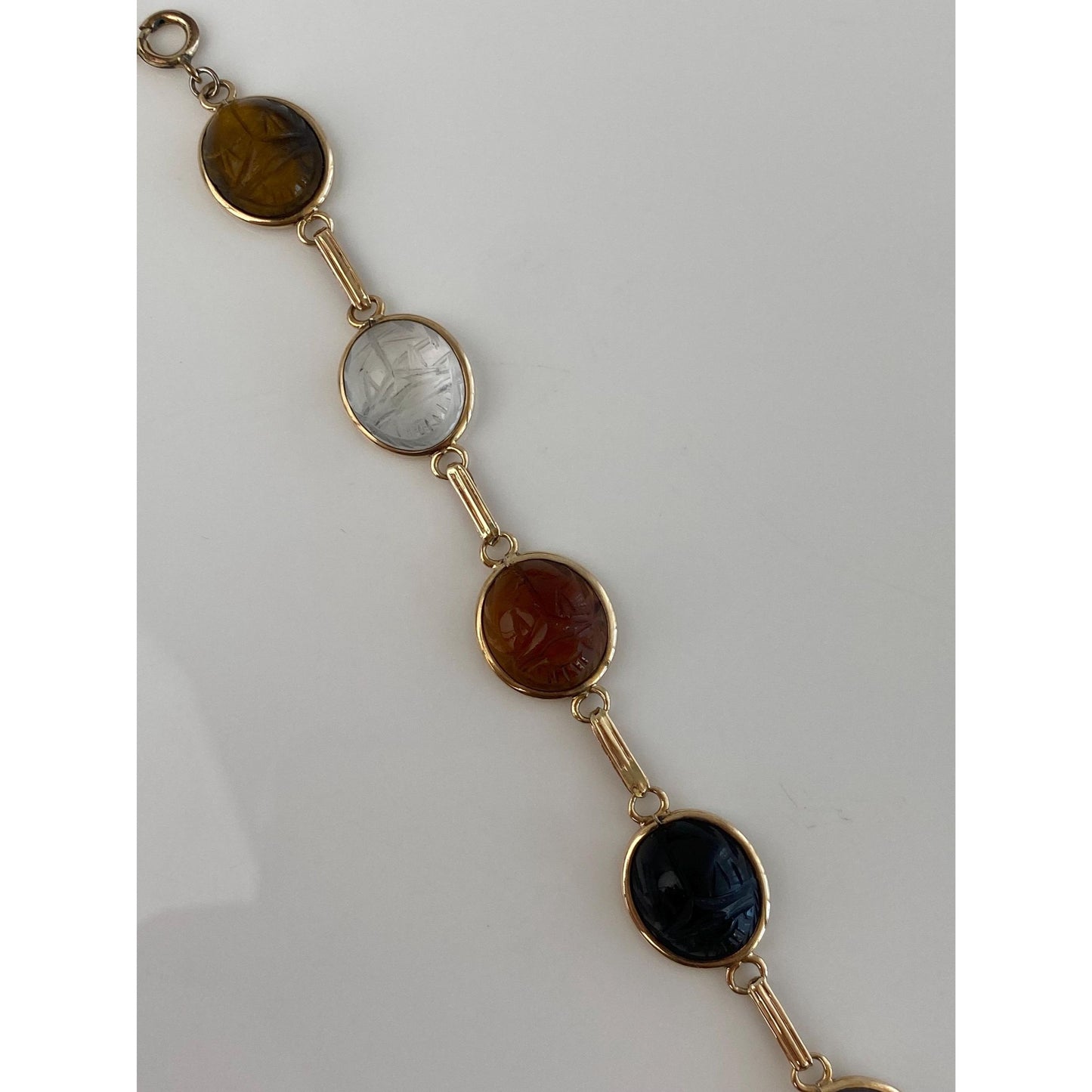 Solid 10k Yellow Gold Tigers Eye Citrine Black Onyx Carnelian Blue Chalcedony Scarab Link Bracelet - 7 inches