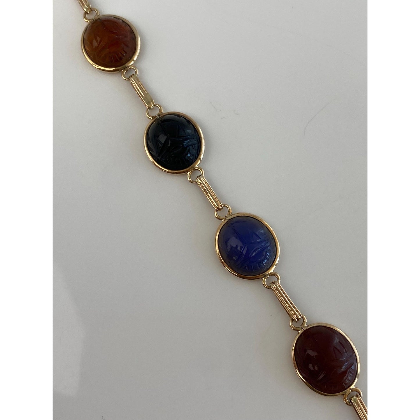 Solid 10k Yellow Gold Tigers Eye Citrine Black Onyx Carnelian Blue Chalcedony Scarab Link Bracelet - 7 inches